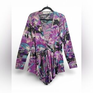 Simonton Says Abstract Open Front Draped Cardigan Top L Purple Gold Teal